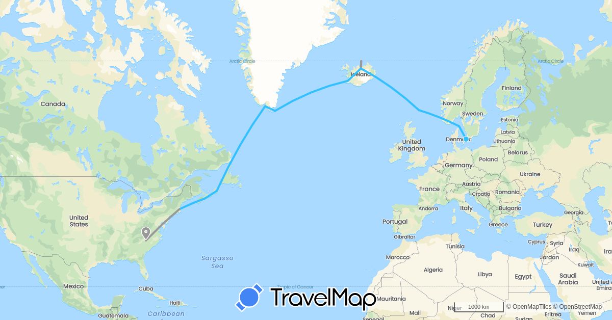 TravelMap itinerary: driving, plane, boat in Canada, Denmark, United Kingdom, Greenland, Iceland, United States (Europe, North America)
