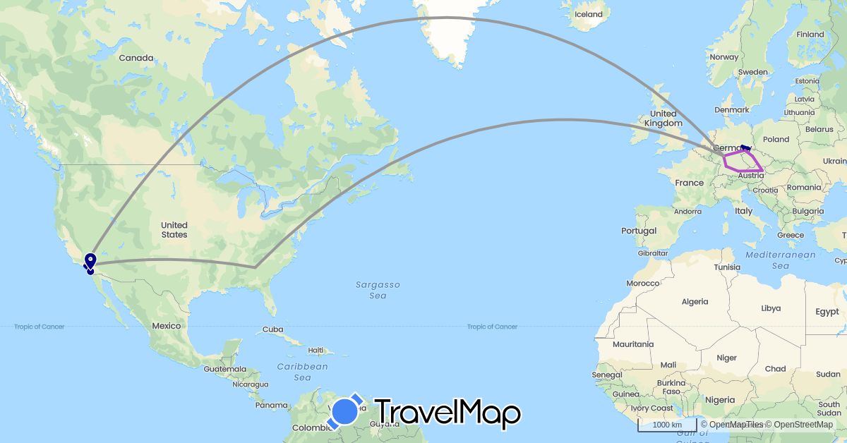 TravelMap itinerary: driving, plane, train in Austria, Czech Republic, Germany, United States (Europe, North America)