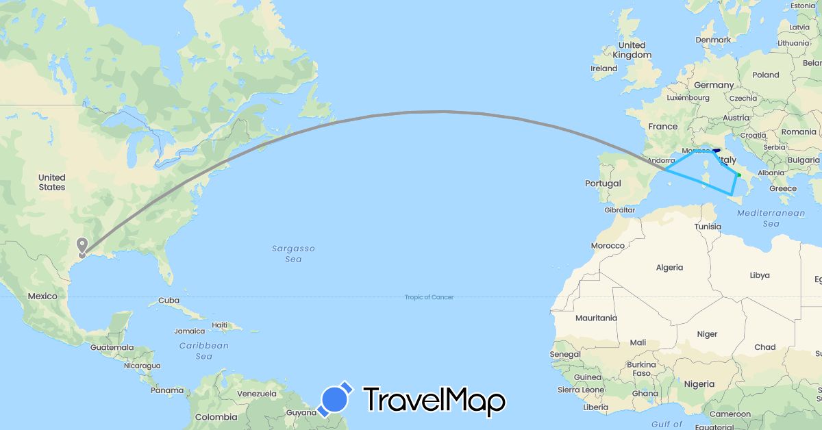 TravelMap itinerary: driving, bus, plane, boat in Spain, France, Italy, Monaco, United States (Europe, North America)