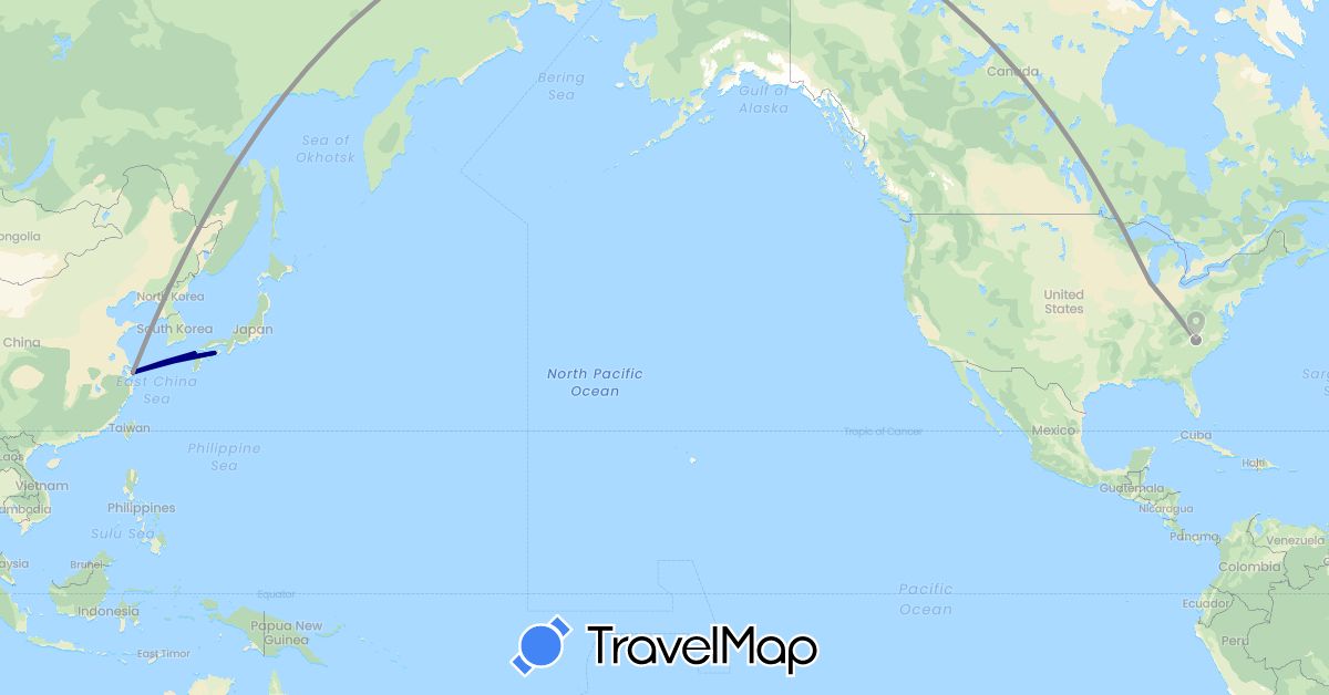 TravelMap itinerary: driving, plane in China, Japan, United States (Asia, North America)
